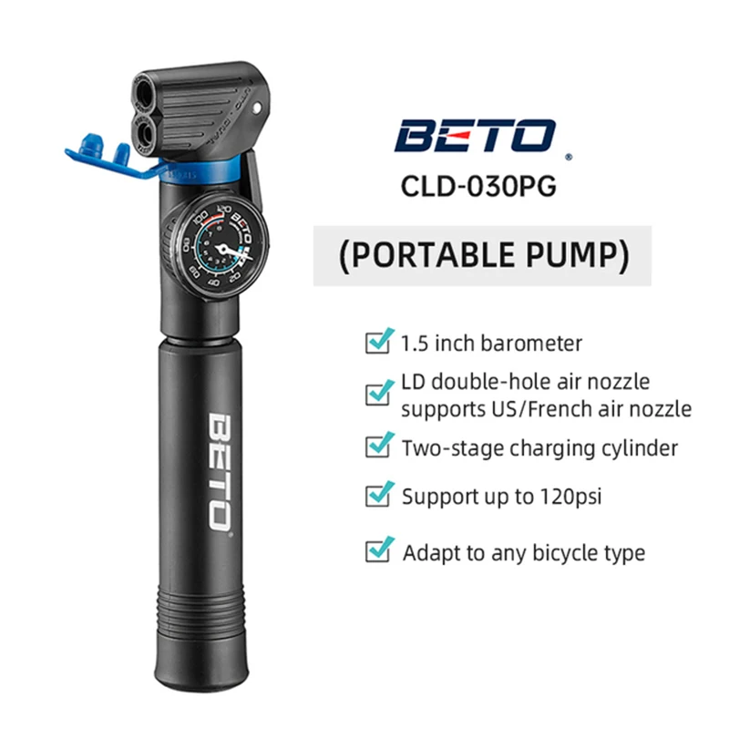 BETO Portable Bike Pump Small Super Light Cycling Riding Inflator Bicycle Repair Tool Accessories Support U.S. France Standard