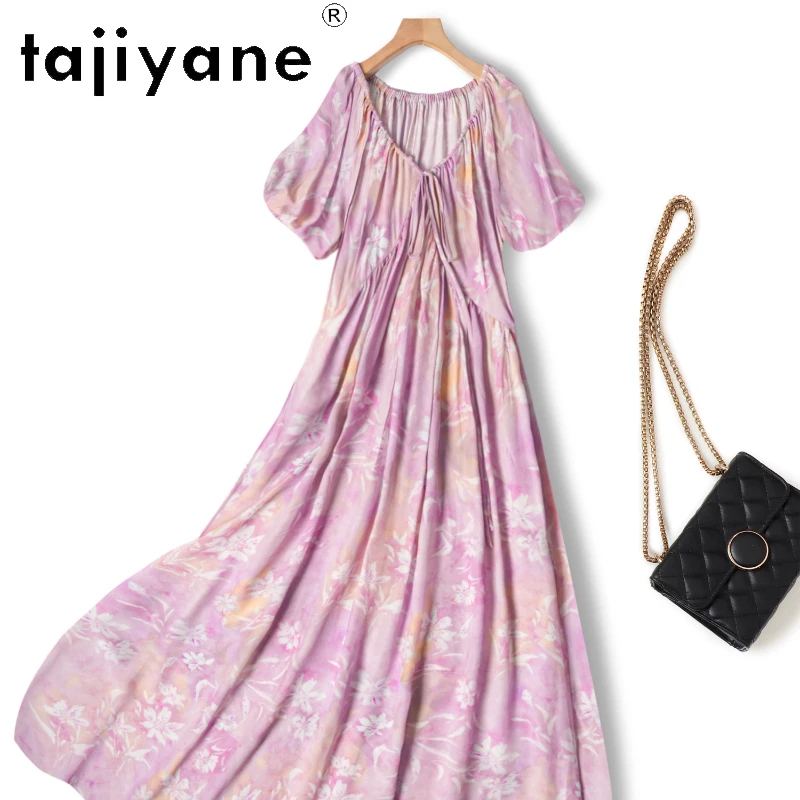 

Tajiyane 100% Mulberry Silk V-neck High Waisted Floral Vacation Long Pink Purple Woman Summer Dress Пляжное Платье 빅사이즈 여성 의류