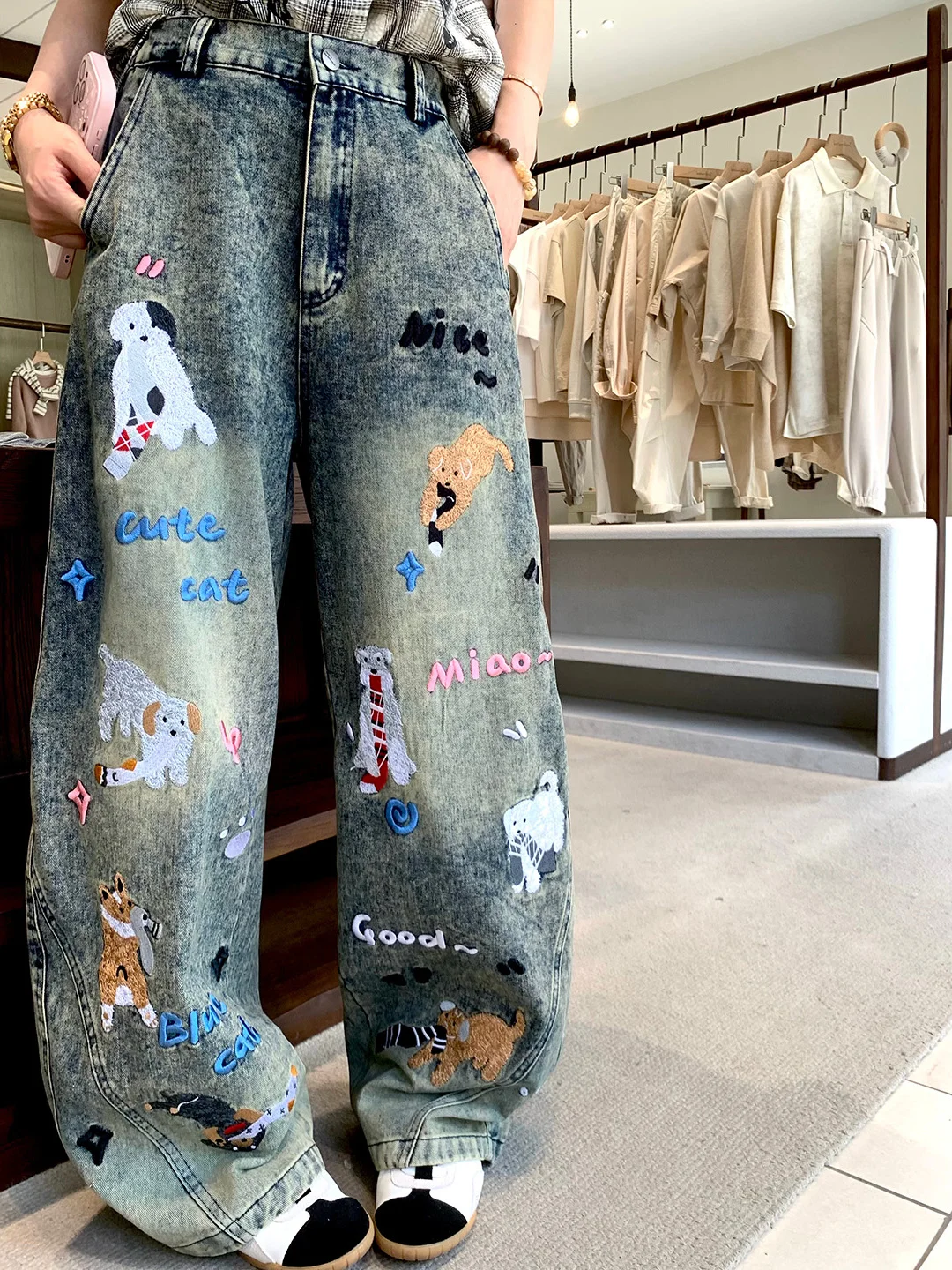 

Джинсы Xueke Deep Blue с вышивкой собаки, женские свободные прямые брюки, модные длинные брюки на весну и лето