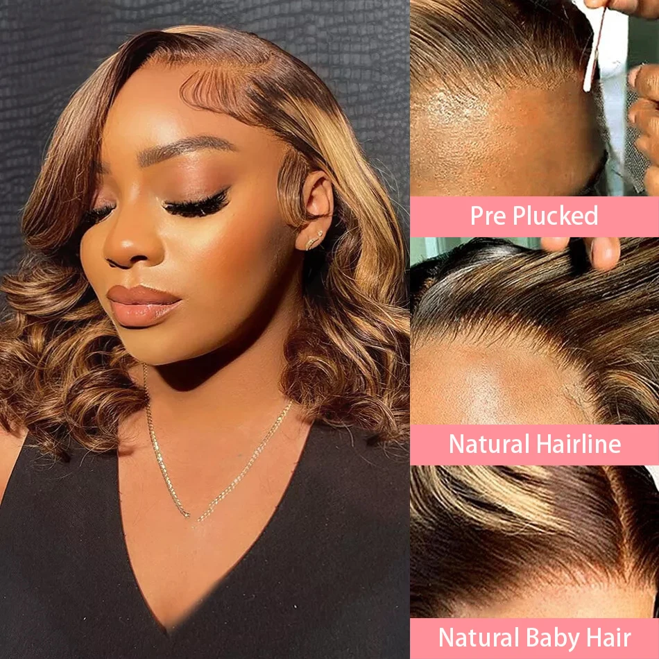 Body Wave Bob Wig Highlight Brown Short Cut Wavy 13x4 Transparent Lace Frontal Wigs 4/27 Color Mix Ombre Blonde 100% Human Hair view 4
