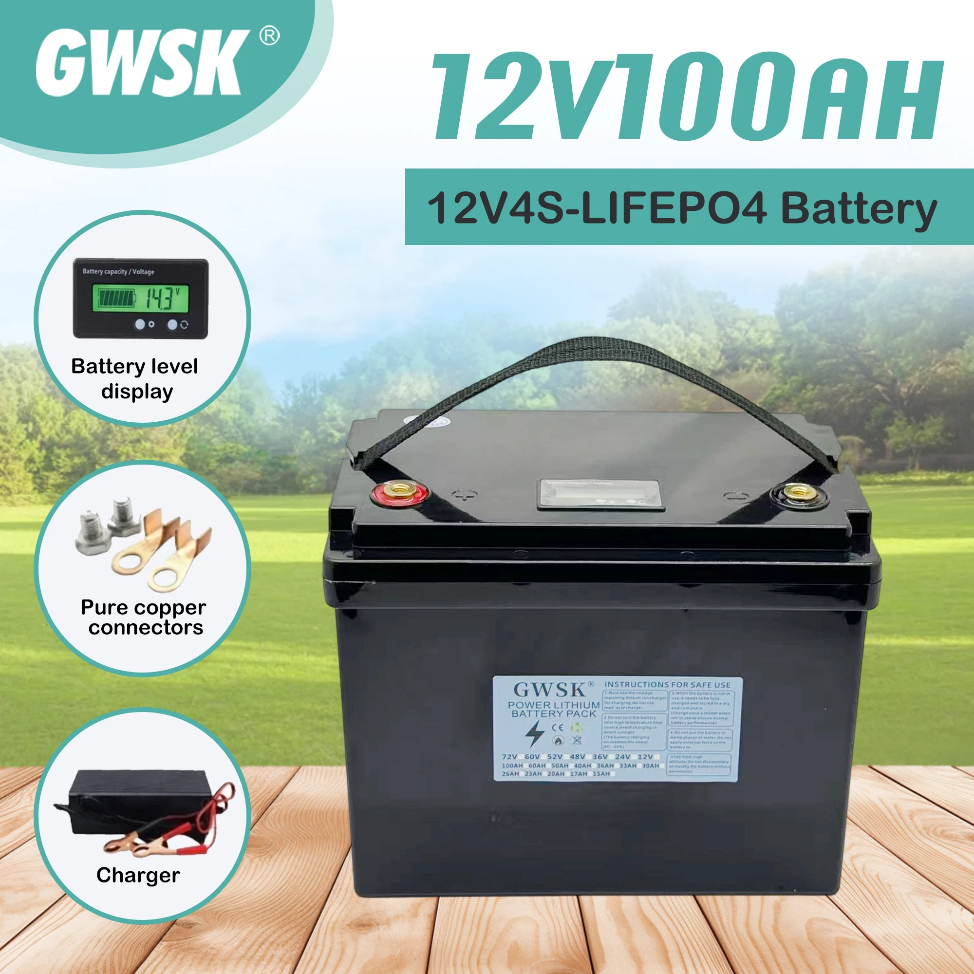 

LiFePO4 lithium battery 12V-100AH, using solar energy, emergency power supply, built-in 100AHBMS,+charger 10H