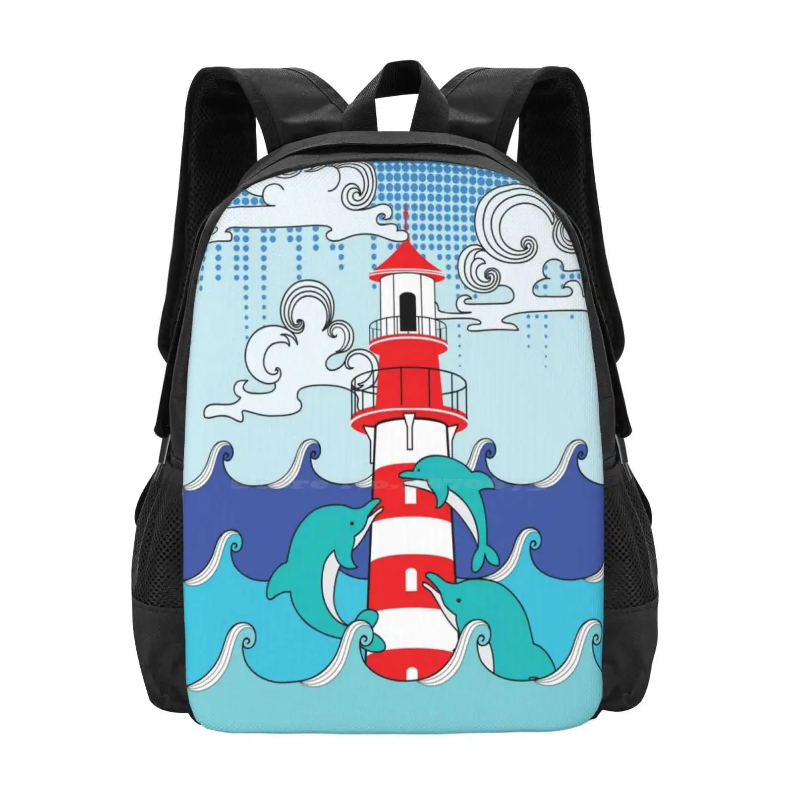 

Школьный ранец с принтом океана, модный рюкзак с морским дельфином, морская волна, животное, рыба, маяк, пляж, вода, небо