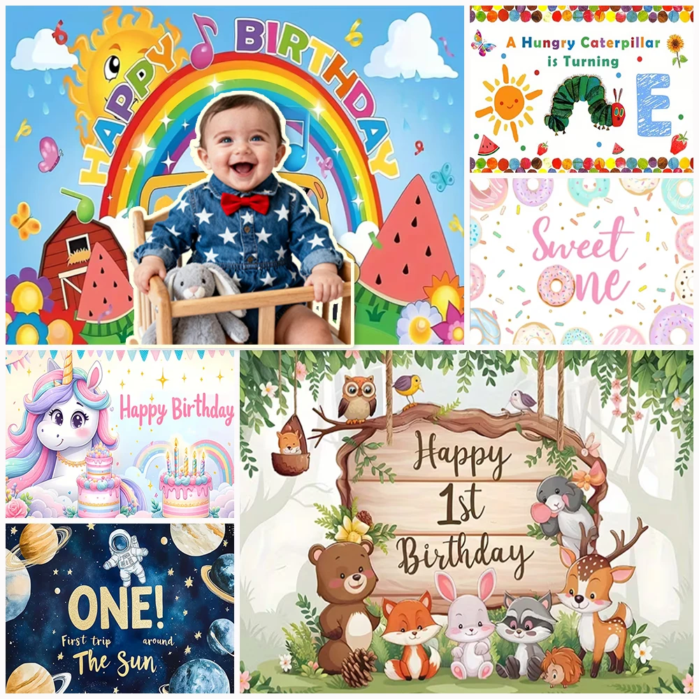 

1st Wild One Newborn Baby Birthday Party Decoration Photography Background Tropical Jungle Safari Unicorn Outer Space Backdrop