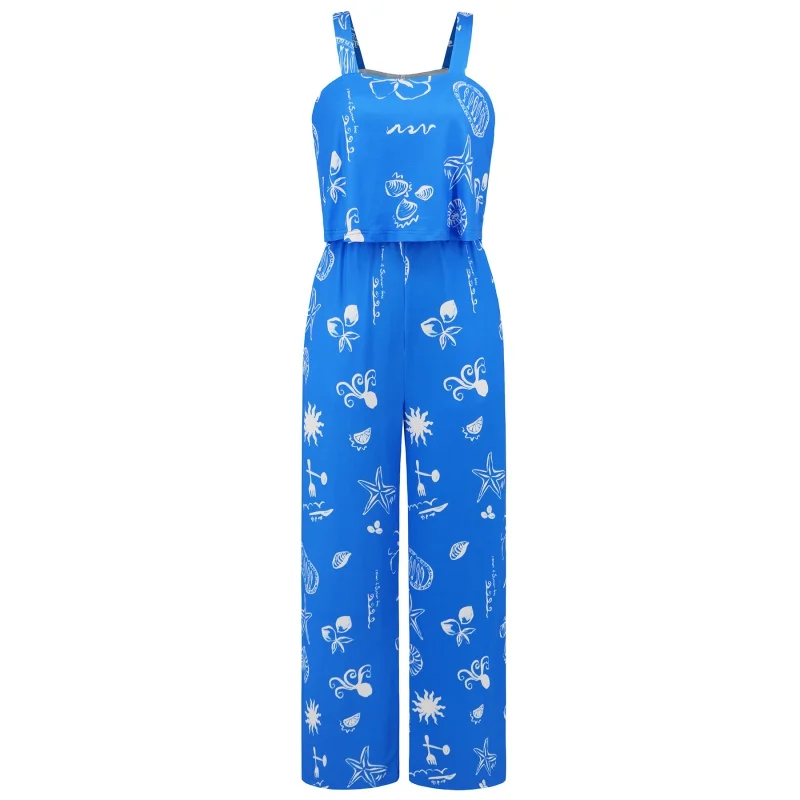 Women\'s Spaghetti-Strap Floral Print Wide Leg Jumpsuit, Casual Trousers, Summer Clothes, New Fashion