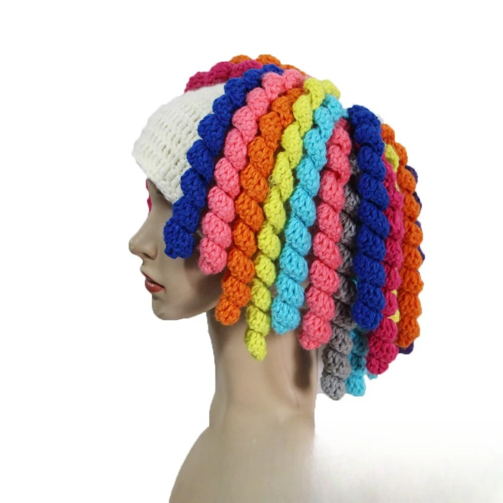 Women Colorful Dreadlock Crochet Wig Beanie Hat Men Handmade Knitted Hairpiece Headband Party Music Festival Cosplay Cap