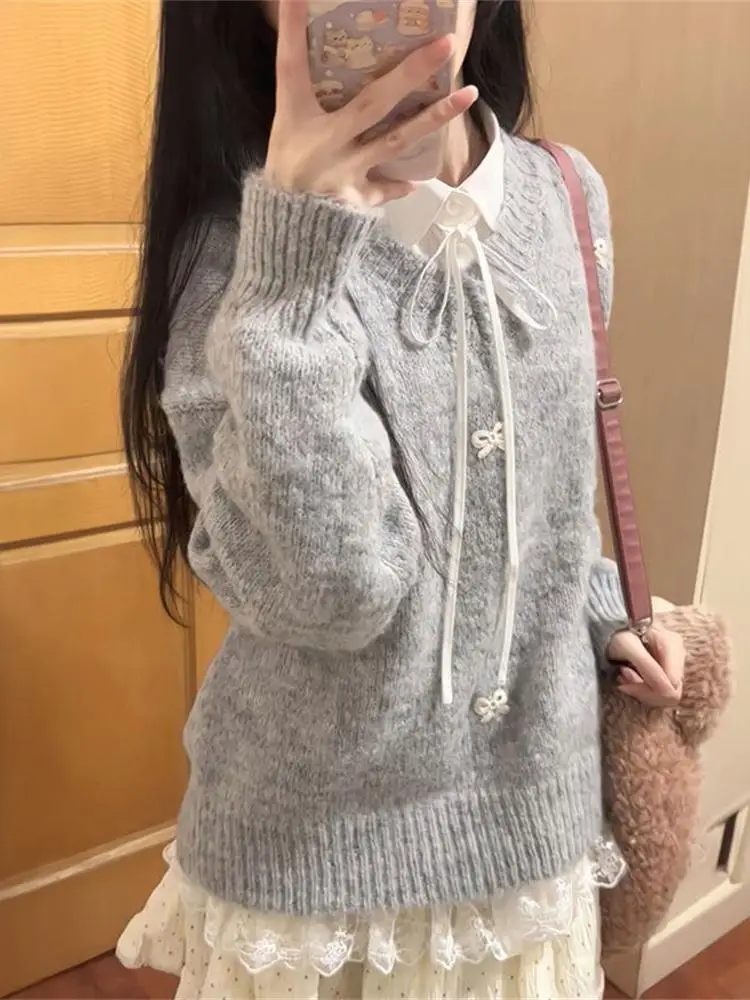 

Grey Knot 3D Embroidery Soft Thickened Sweater Autumn Winter Sweet Cute Layering White Shirt Women's Fashion Set