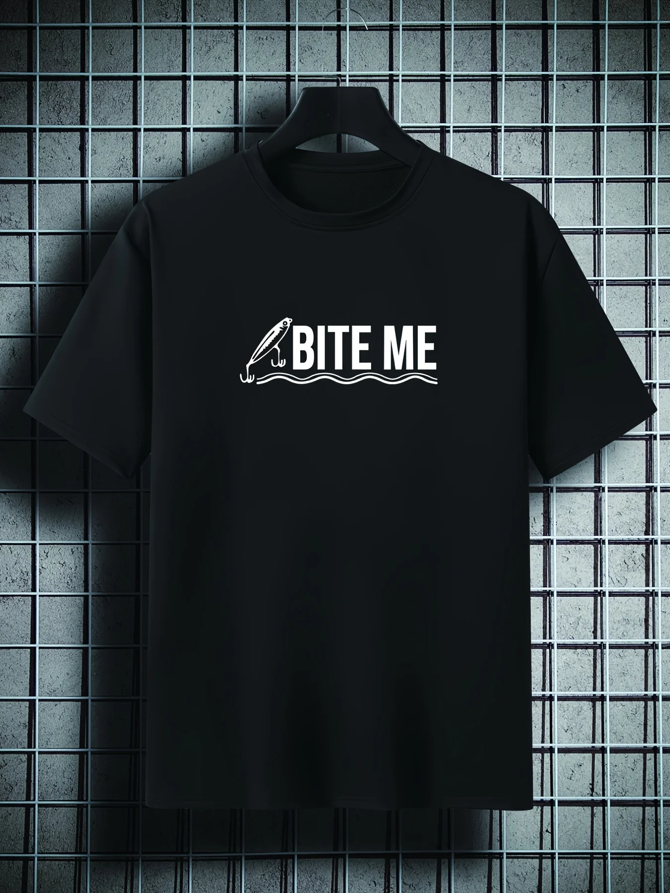 Funny Men's Black Graphic T-Shirt Fish Hook Bite Me Bold Letter Fishing Humor Wave Line Print 100% Cotton Heavyweight Short Sleeve Casual Streetwear Tee