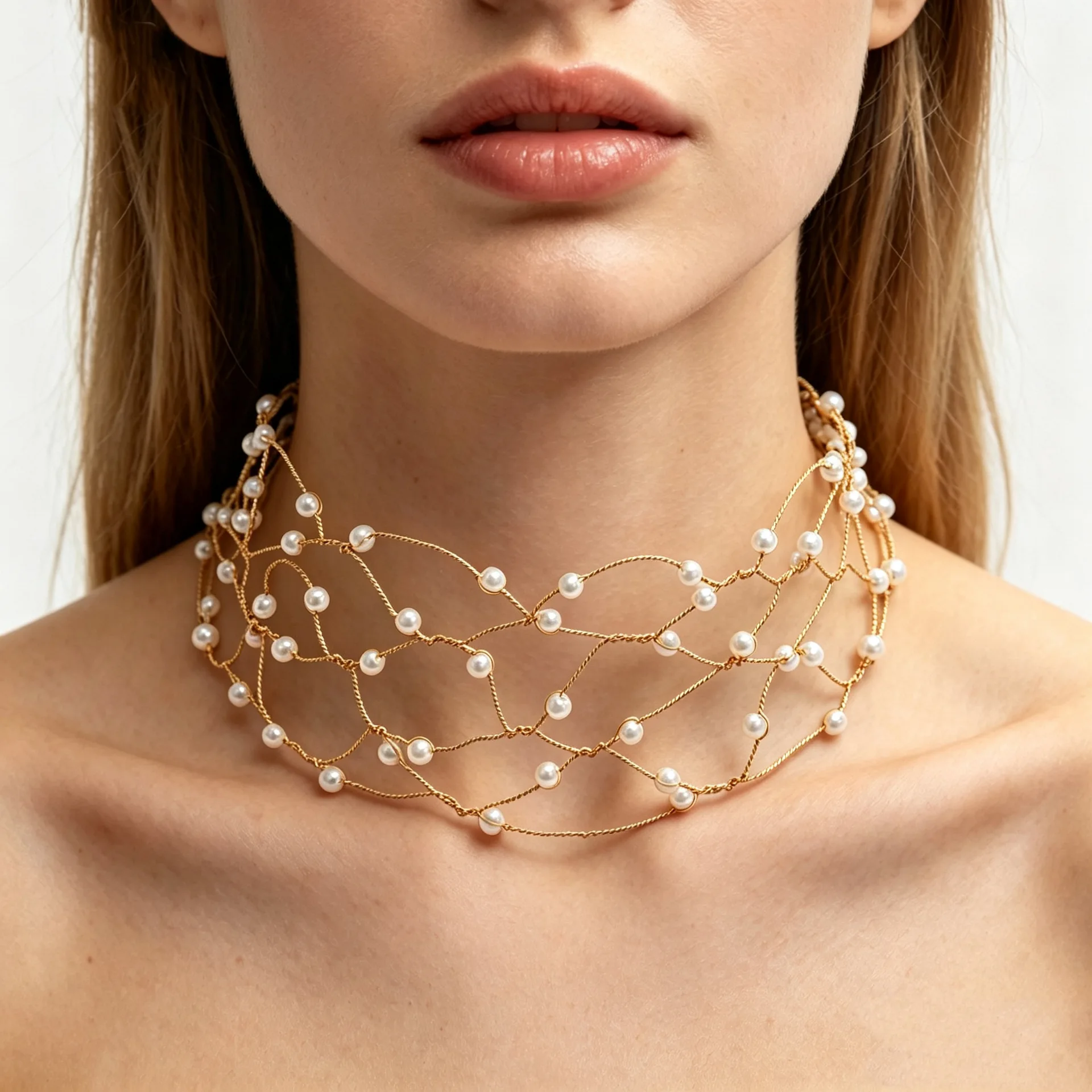 Hollow Fishing Net Woven Pearl Choker Wide Necklace Chain Banquet Accessory