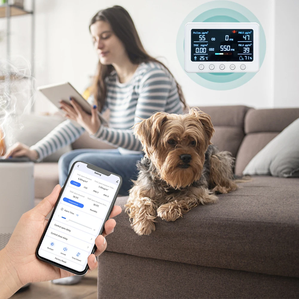 와이파이 공기질 모니터, 온도 및 습도 계량기 알람, 투야 앱 NDIR 센서, 2.4GHz, 8 인 1 CO2, CO, PM2.5, PM1.0, TVOC, 꽃가루