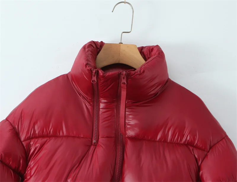 Katoenen damesjas 2025, nieuwe winterstijl, rode lange mouwen, opstaande kraag, rits, decoratieve warme katoenen jas, casual mode