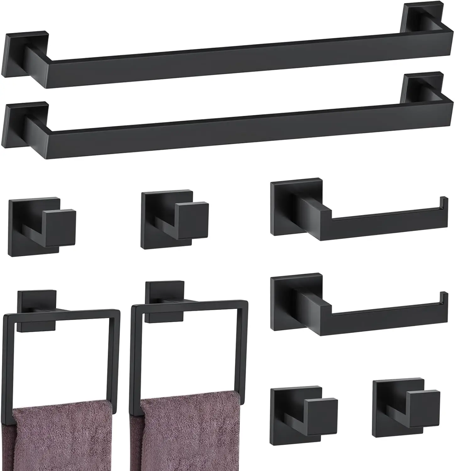 

10-Piece Matte Black Bathroom Hardware Set with Towel Bars, Rings, Hooks & Paper Holder - 23.6 Inch
