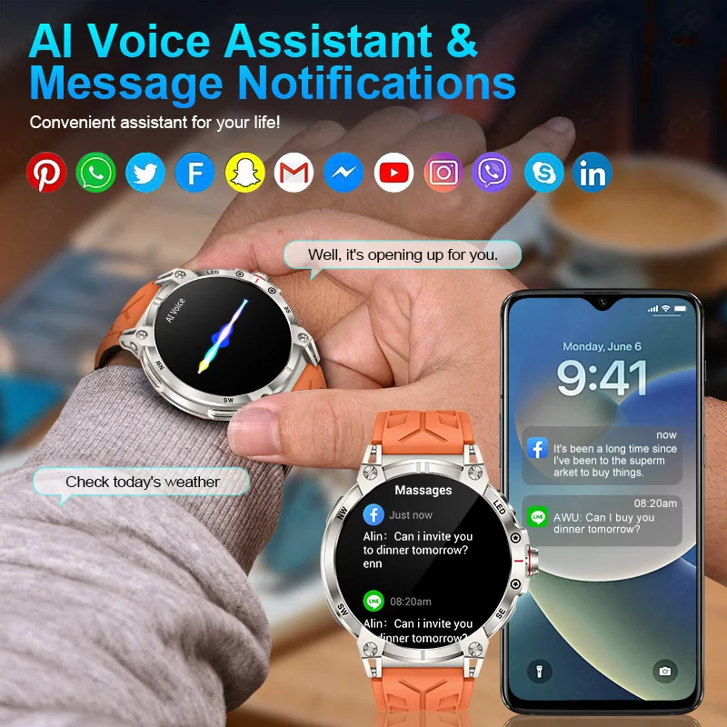 LIGE مصباح يدوي خارجي ساعة ذكية 1.85 بوصة HD شاشة كبيرة نظام تحديد المواقع البوصلة بلوتوث دعوة اللياقة البدنية الرياضة IP68 مقاوم للماء ساعة ذكية #2