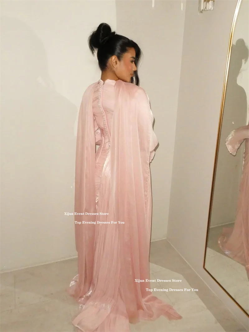 Suknie wieczorowe Xijun, skromne, różowe, długie, z długim rękawem, zdobione perłami, muzułmańskie suknie balowe, plisowane, luksusowe suknie balowe w stylu Dubai, damskie, szyte na miarę.