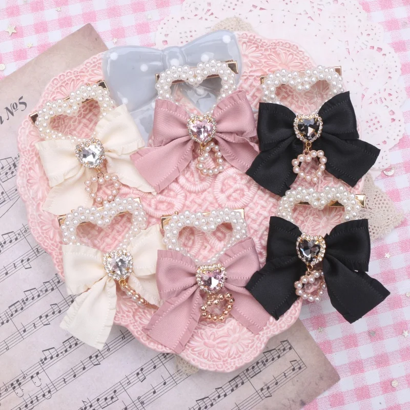 

Handmade Pearl Heart Hair Bow for Girls Delicate Ruffles Ribbon Ornate Rhinestones Decor Hair Clips for Women 1 Pair Hairpin