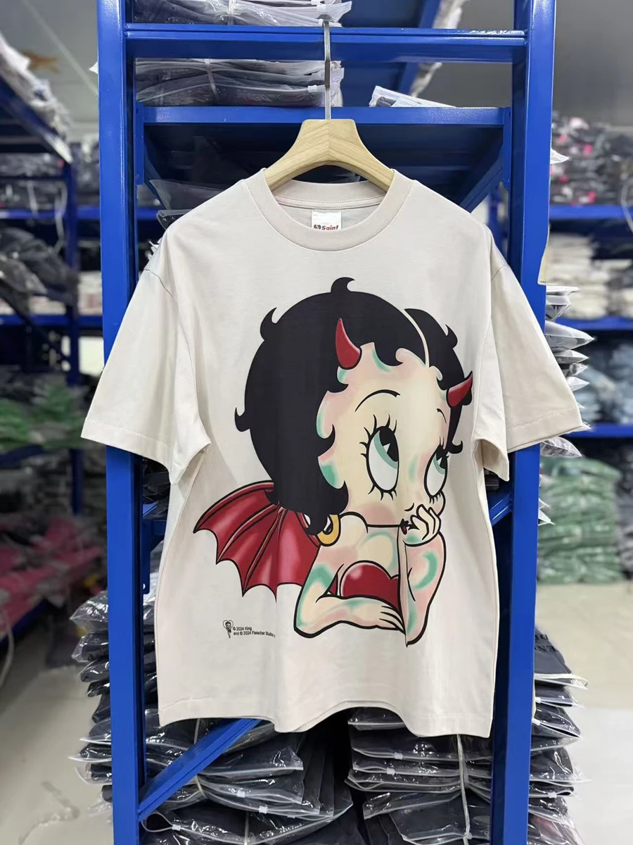 High Quality SAINT American Style Retro Cartoon Graphic Print Tops Loose Oversized Tee Casual Vintage T Shirt Men