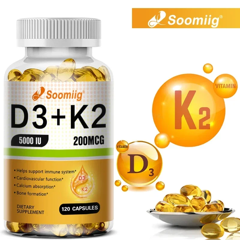 Cápsulas de vitamina D3 5000IU y 200 Mcg K2 (MK-7) para absorción de calcio, regeneración ósea, soporte inmunológico, fácil de derretir