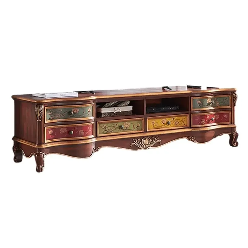 European TV cabinet solid wood American hand-painted coffee table retro painted combination engraved bedroom living room French