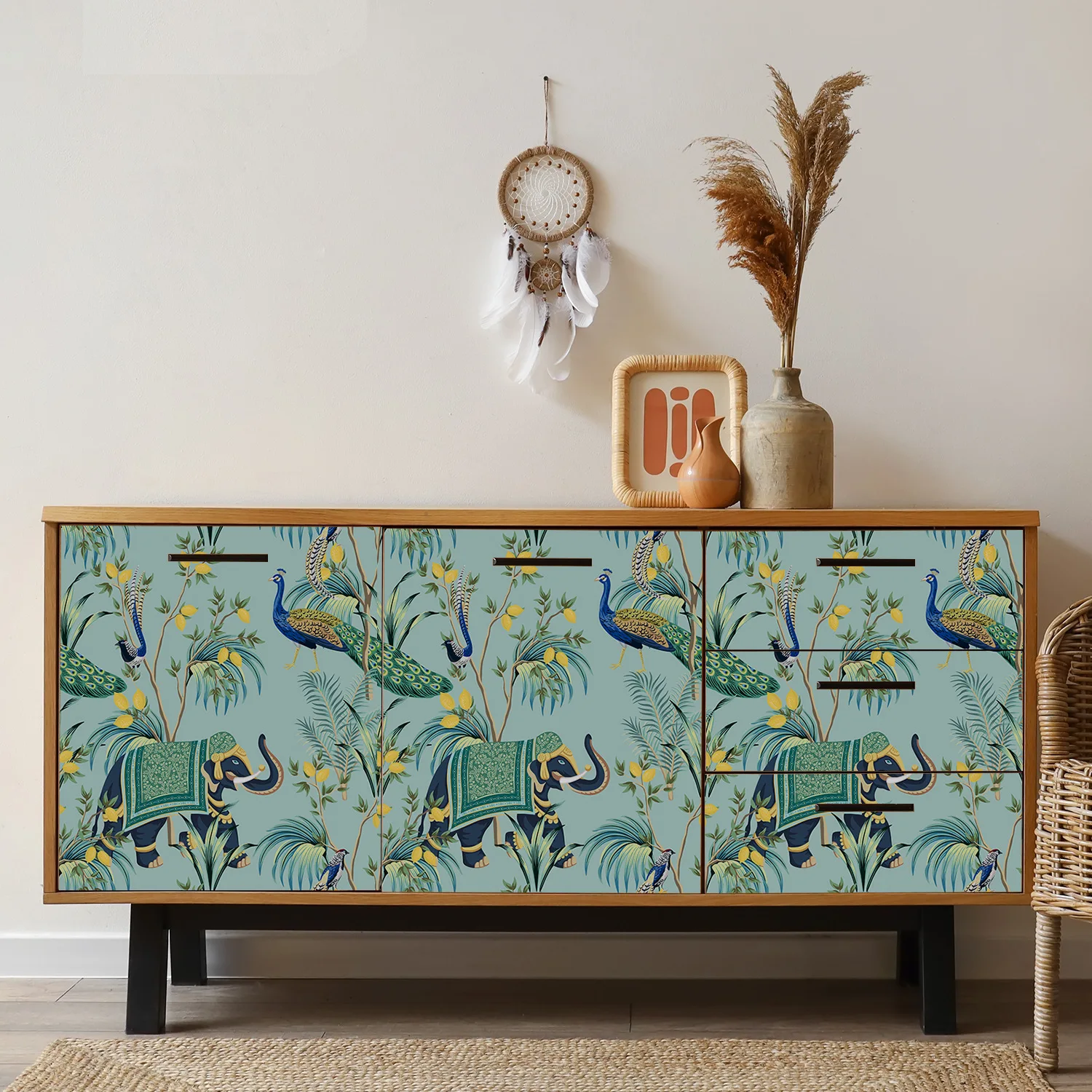 Vinyl Self Adhesive Wallpaper Blue Lemon/Elephant/Peacock Removable Peel and Stick Wallpaper for Bedroom Cabinet Wall Decor