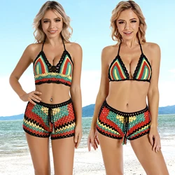 Hand Crochet Rasta Colored Bikini Set Crop Top Beach Shorts Swimwear Swimsuit Suit