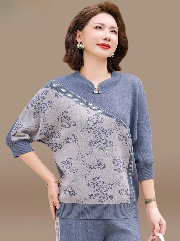 

Ele Knitted Top And Bot Set for Young Mothers Autumn Faion Loose Fit Polyester Blend Regular Sve round Ne