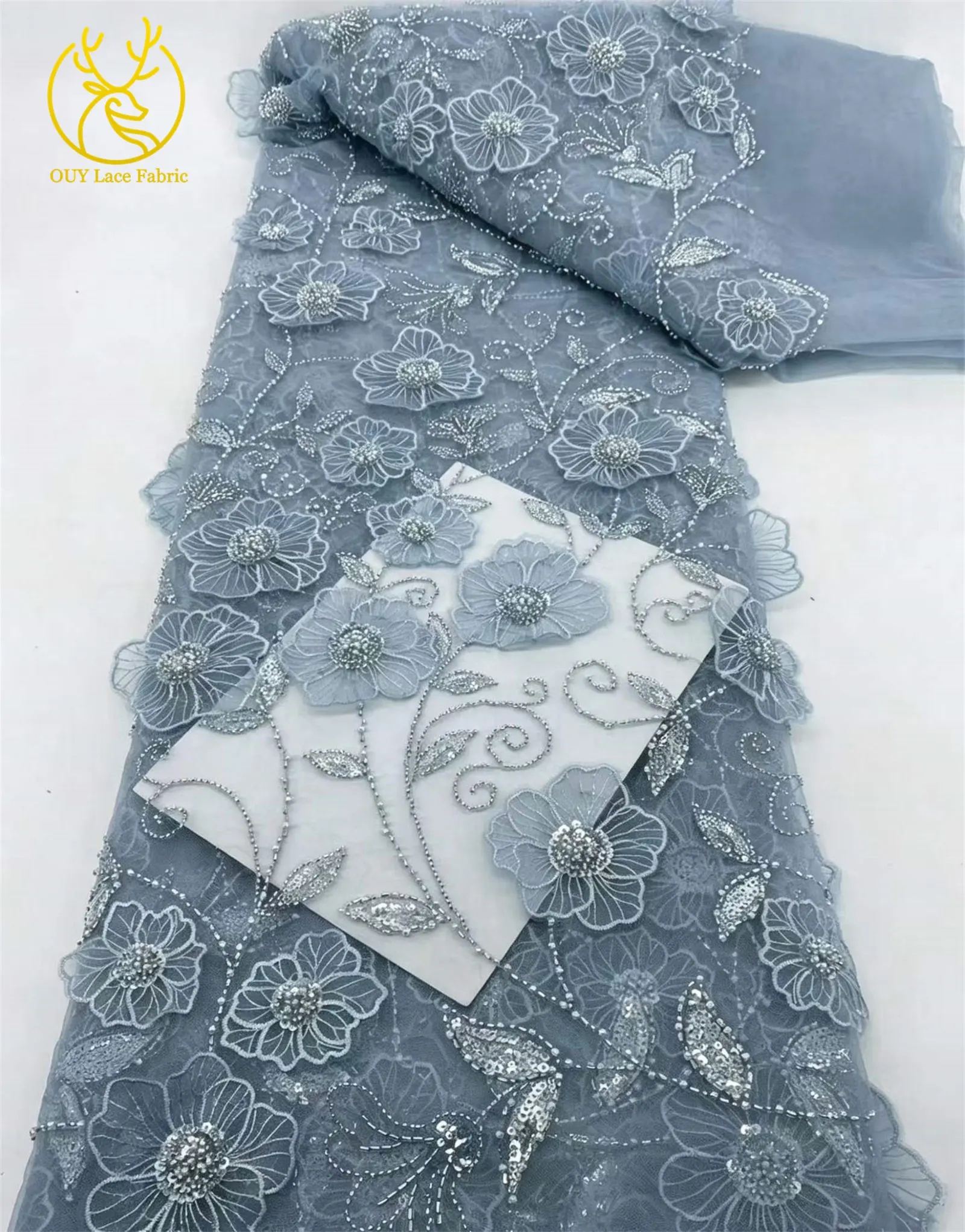Eleganter nigerianischer 3D-Blumen-Stickerei-Spitzenstoff 2026 Hochwertiger afrikanischer Perlen-Pailletten-Spitzenstoff für Abendkleider – Detail 12