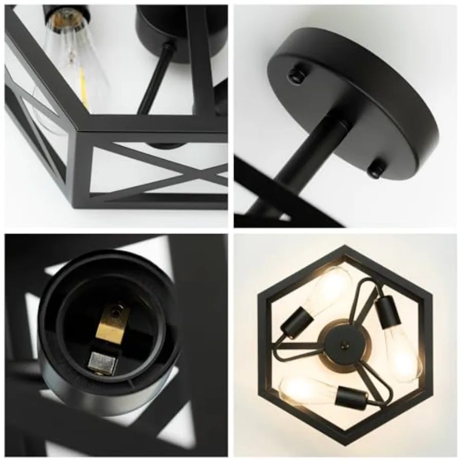 Modern Semi Flush Mount Ceiling Light, 3-Light Hexagon Flush Mount Ceiling Lights for Dining Room Light Fixture, Farmhouse Blac view 6