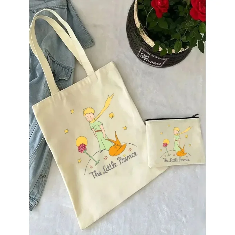 2Pcs Y2K Art Harajuku Women's Tote Cosmetic Bag Little Prince Earth Space Fashion Shoulder Bag Eco Large Capacity Shopping Bag