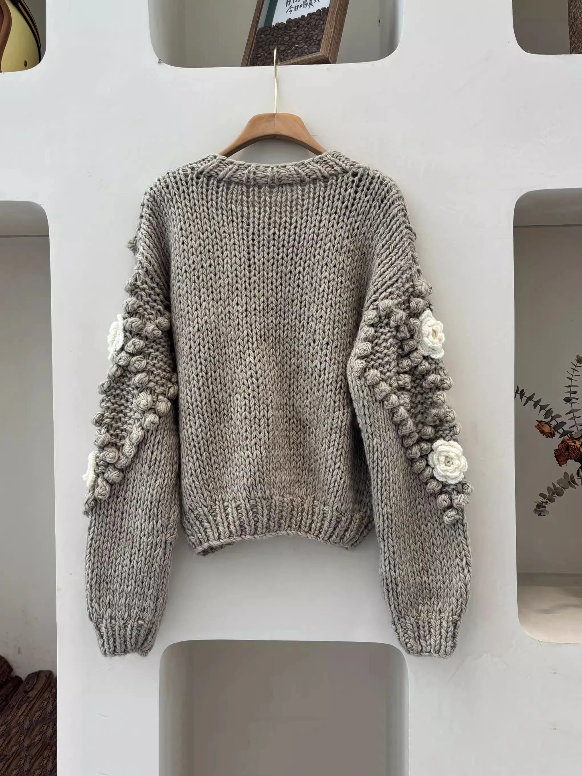 Thick 3D Flower Crochet Knit Cardigans Casual Long Sleeve Single Breasted Sweaters Women Loose Handmade Streetwear C-211