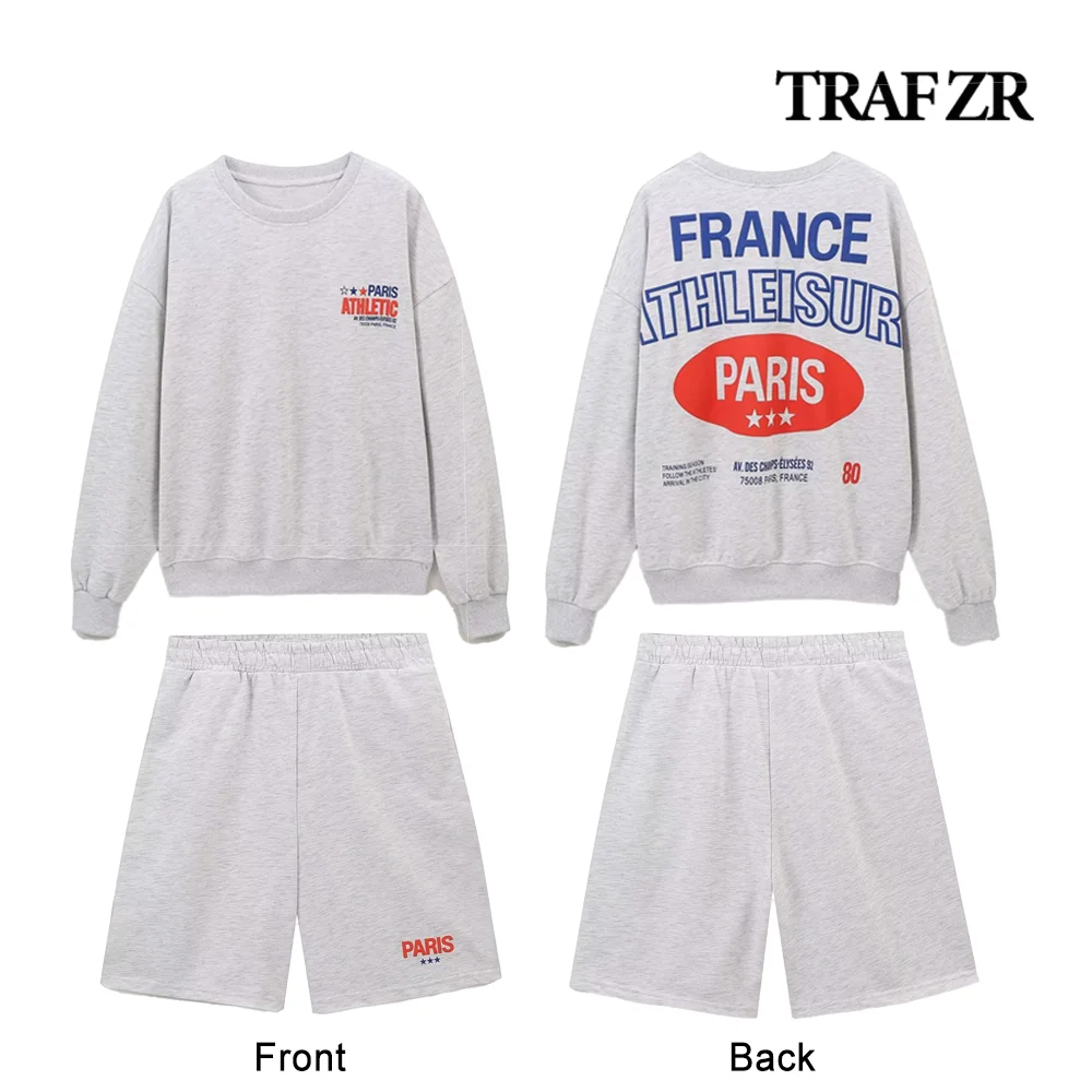 TRAF ZR Cusual Contrasting Print Shorts Sets Women\'s 2 Piece Sets Plush Outfit Long Sleeve Sweatshirt + Elastic Waistband Shorts