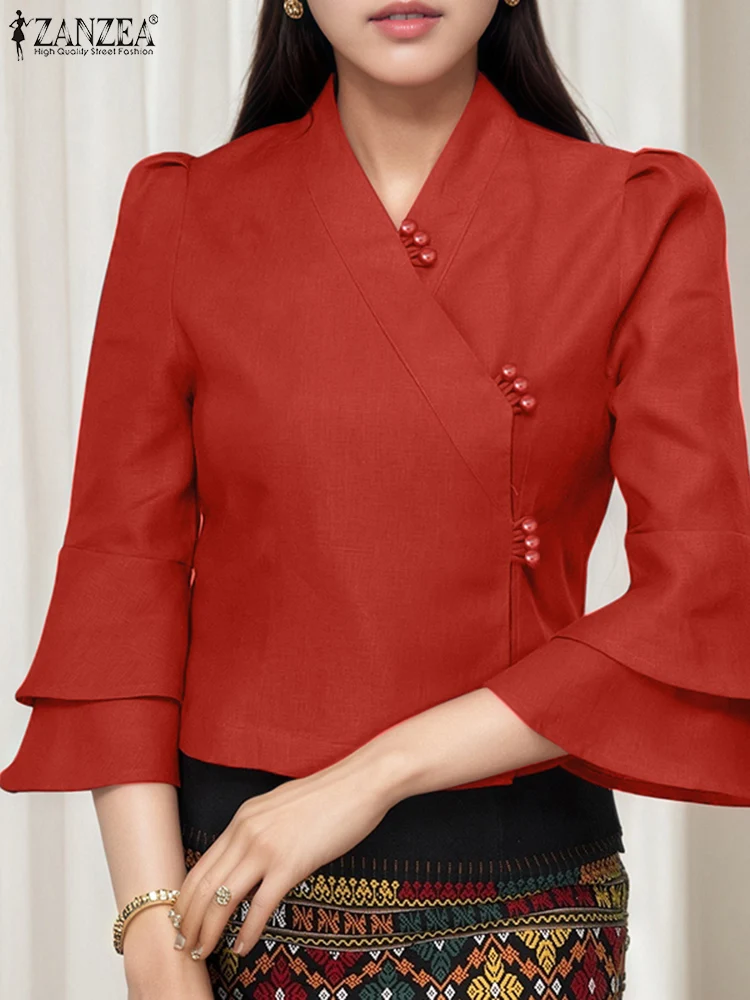 

ZANZEA Women Fashion Shirts 2025 Summer Casual Flare Sleeve Tunic Tops Solid Color Bluas Femininas Buttons Elegant Office Blouse