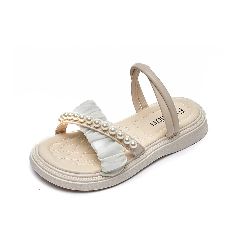 Pink White Beaded Girls Sandals Summer Children Slippers Fashion Simple Peep-toe Kids Flat Flip-flops Baby Princess Beach Shoes