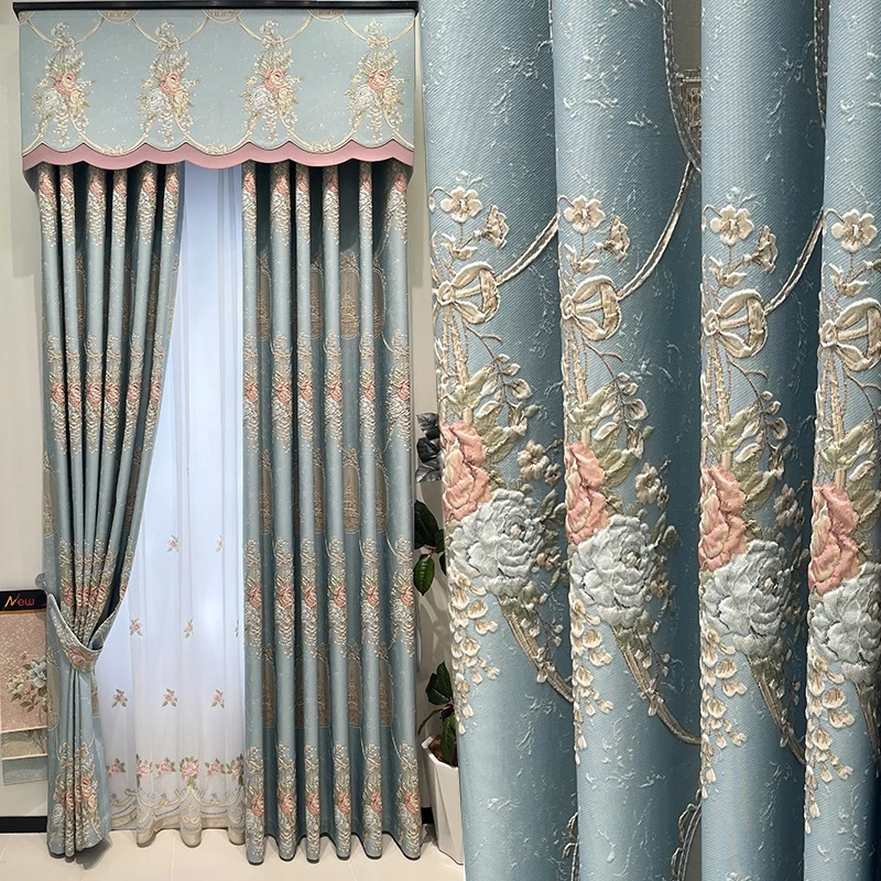 Custom High-grade jacquard European living room luxury chenille blue cloth blackout curtain tulle valance drape C2126