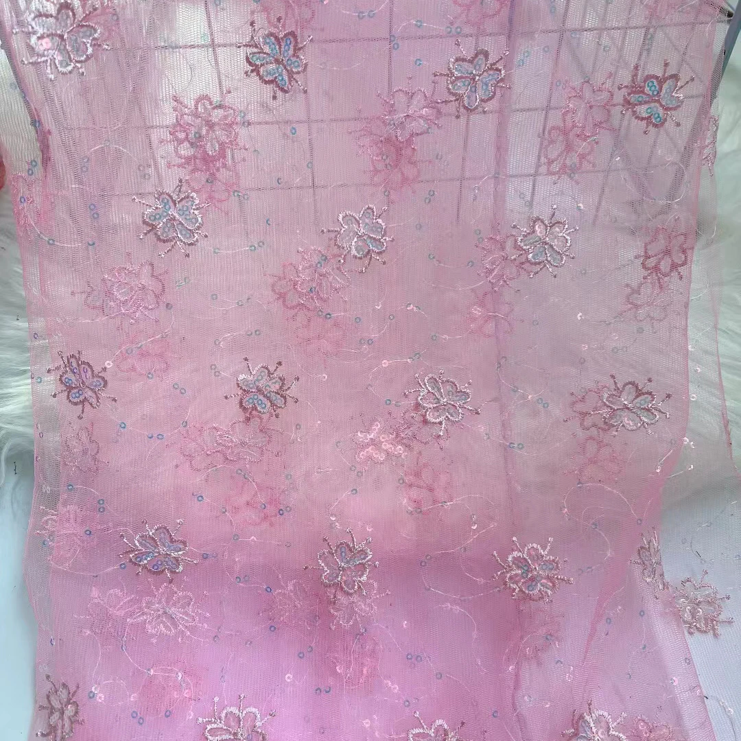 Beautiful Embroidered And Sequins Pattern Mesh Fabric 5Yards Net Lace Texitle Suitable For Sewing Women's Longuette 07M4