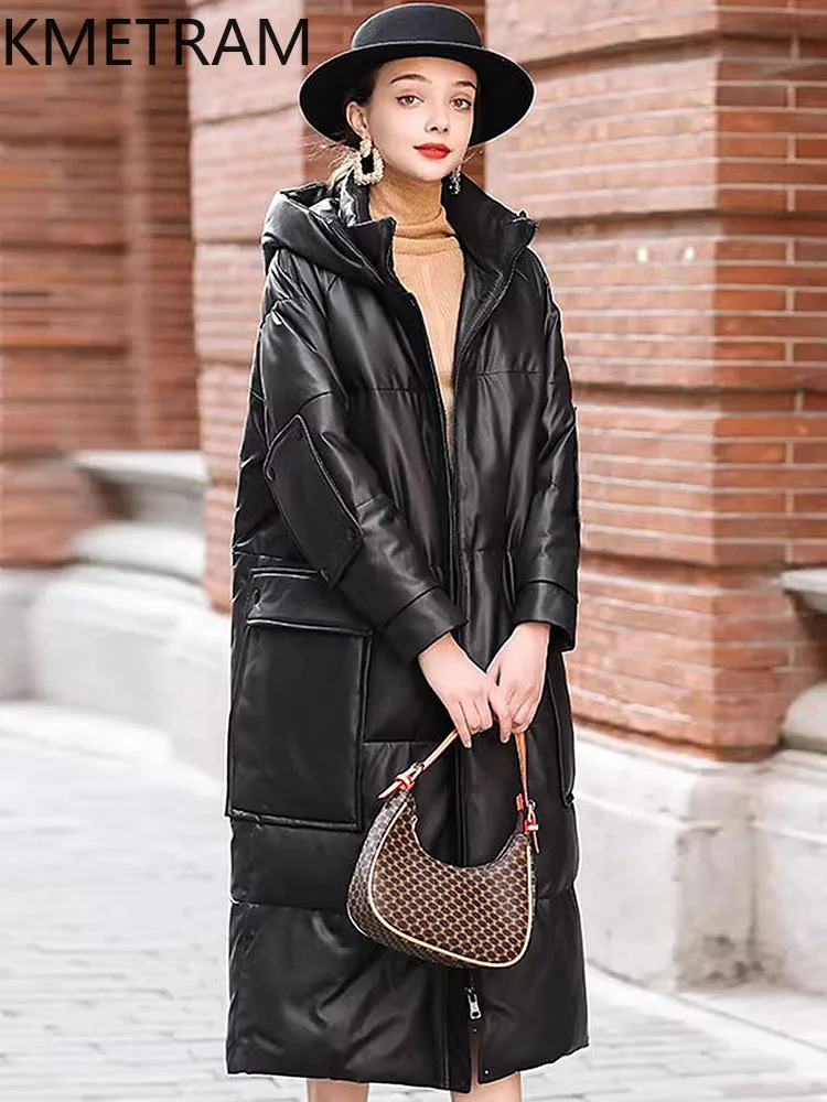 معطف KMETRAM من جلد الغنم الطبيعي أسفل معطف أسفل جلد طبيعي أسفل سترة نسائية شتوية غير رسمية بقلنسوة ملابس خارجية طويلة 2025 ropa mujer