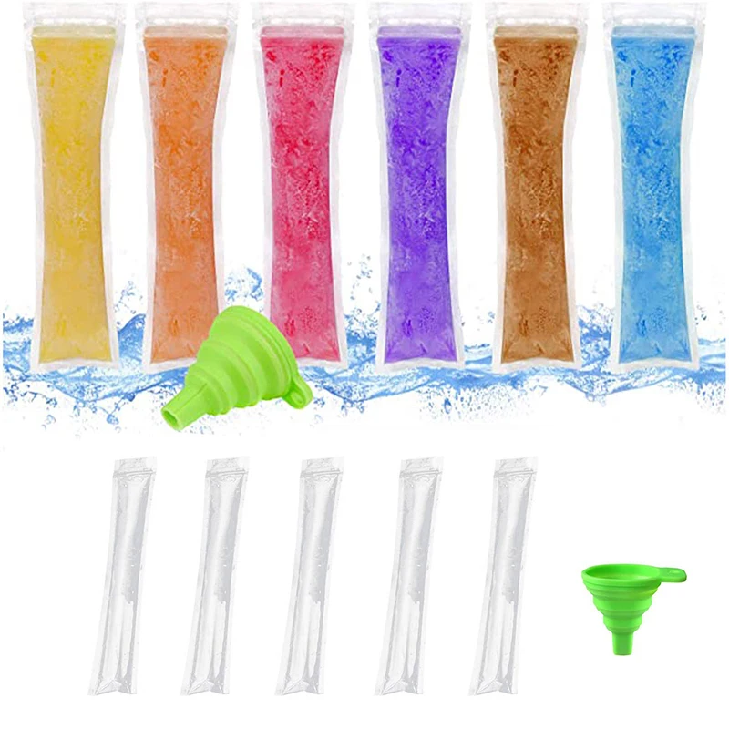 100 Pieces Ice Cream Mold Bags, Disposable Ice Cream with Silicone Funnel, Disposable Popsicle Shapes, Clear Bags for Ice Cream