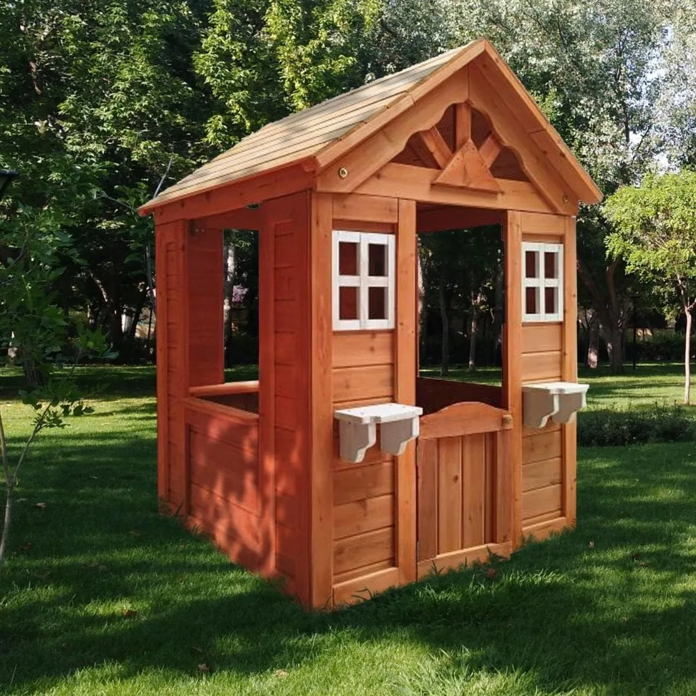 Wooden Playhouse for Age 3-6 Years Boy Girl, Outdoor Cottage Playhouse with Door, 2 Windows, 3 Serving Station, Shelf & Flowerpo