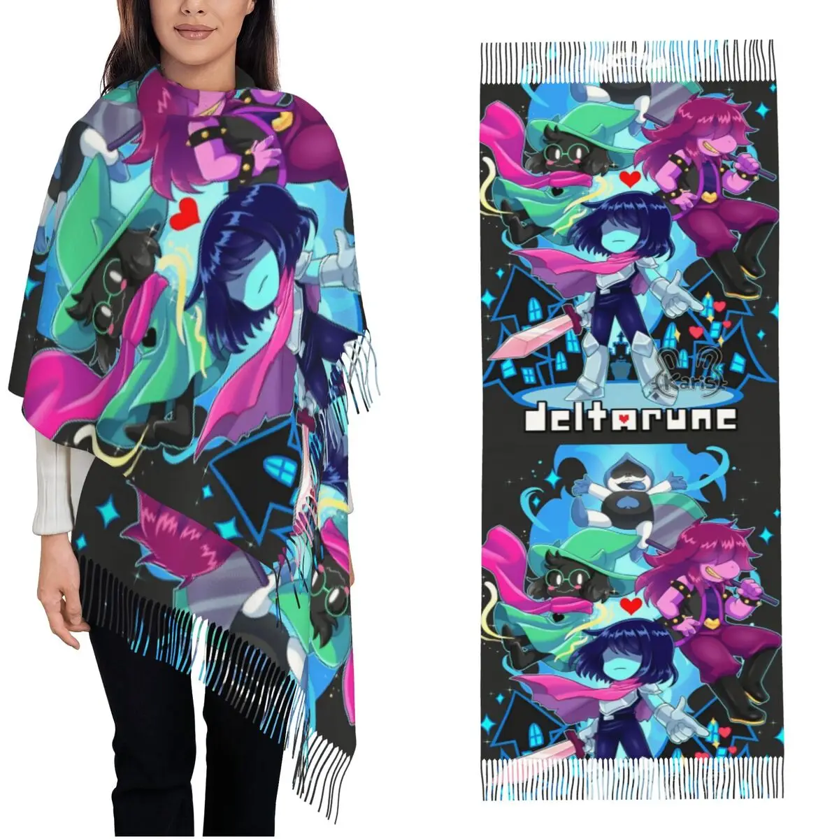Deltarunes Scarf for Womens Warm Winter Shawls and Wrap Video Game Long Scarves with Tassel for Evening Dress