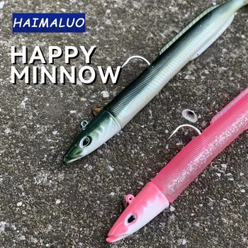 Haimaluo feliz macio isca de pesca gabarito cabeça gancho artificial água salgada robalo isca de pesca swimbait enfrentar isca macia