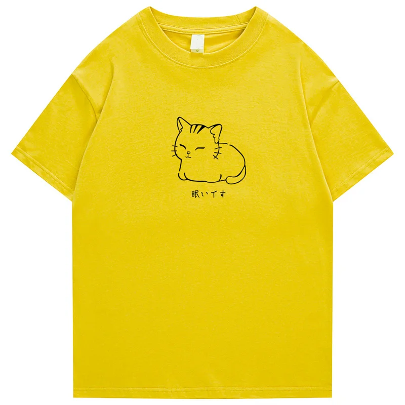 、Hip Hop T-Shirt Men Streetwear Japanese Kanji Funny Cat Printed T Shirt 2023 Men Harajuku Cotton Casual Short Sleeve Tshirt Top