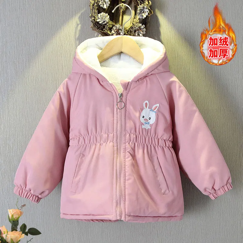 2024 Autumn Winter Warm Girls Coat Cute Rabbit Embroided Jacket For Girls Thick Windbreaker Outerwear Birthday Gift Kids Clothes