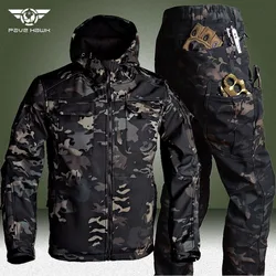 Winter Cargo Sets Men Outdoor Fleece Warm Hooded Jacket+Multi-pocket Straight Pant 2 Pcs Suits Black Camo Waterproof Set
