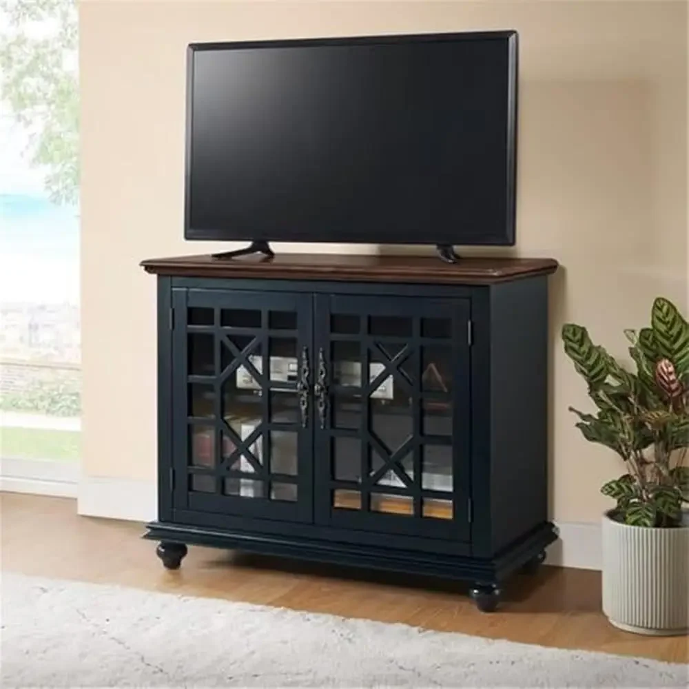 Elegant Small TV Stand Blue Coffee Walnut Top No Tools Assembly Versatile Design Storage Glass Doors Bun Feet Architectural