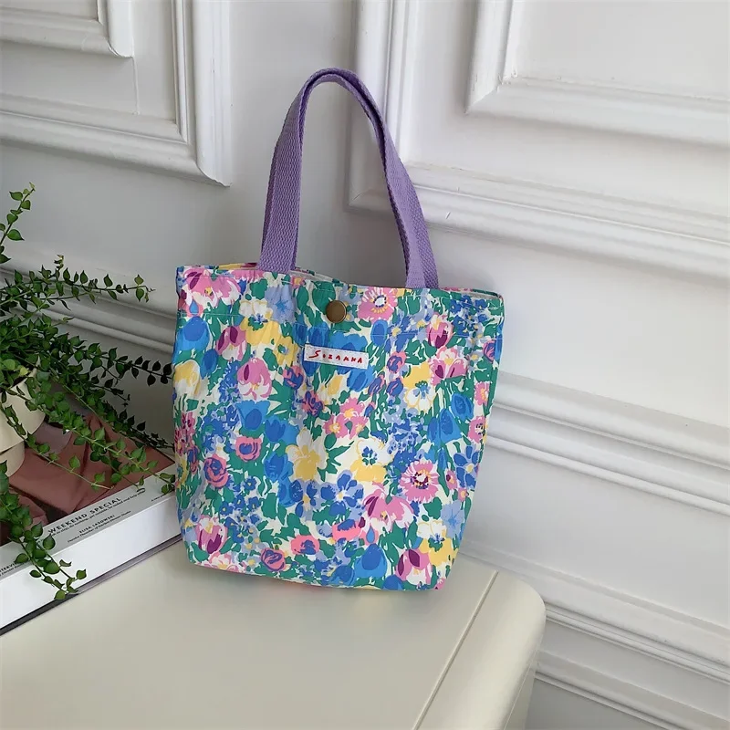 Simple Canvas Shopping Bag Women Shoulder Bags Foldable Picnic Pouch Small Tote Shopper  Student Lunch Box Pouch Case