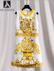 AELESEEN Casual Summer Tank Dress Women Design Fashion Sleeveless Yellow Porcelian Print Luxury Beading Diamonds Mini Jacquard