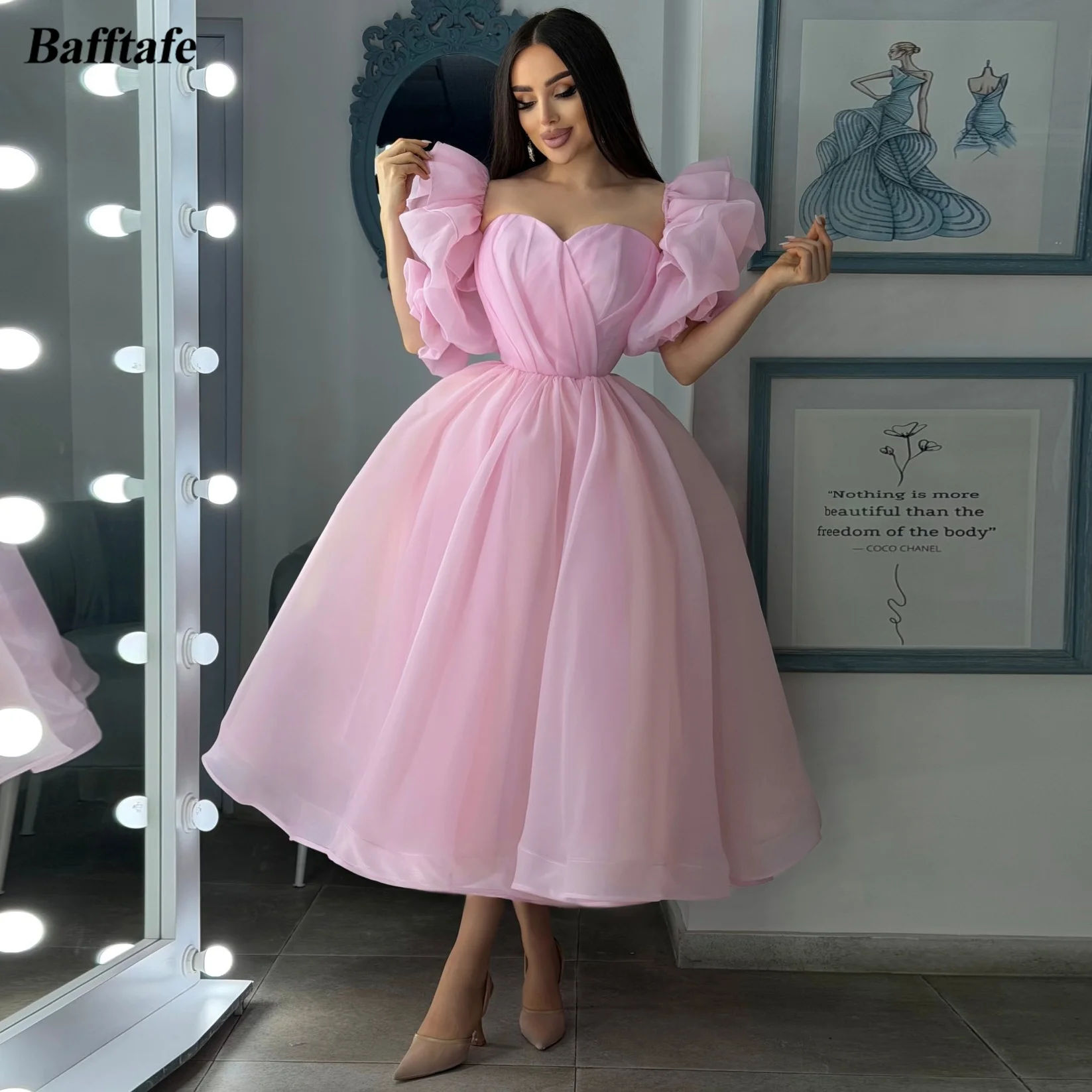 

Bafftafe A Line Pink Organza Midi Evening Gowns Customized Short Sleeves Women's Prom Dresses Formal Homecoming Party Dress