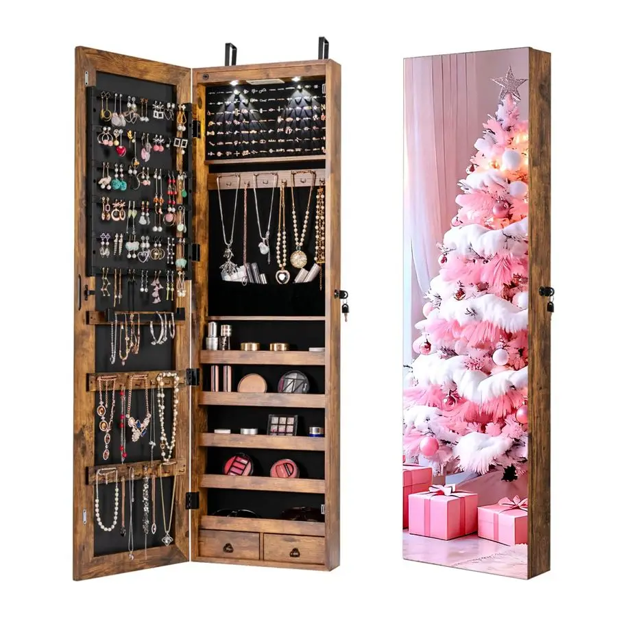 2 LEDs Full Length Mirror with Jewelry Armoire, Jewelry Organizers and Storage with 2 Mounting Options, 47.5H Jewelry Cabinet w