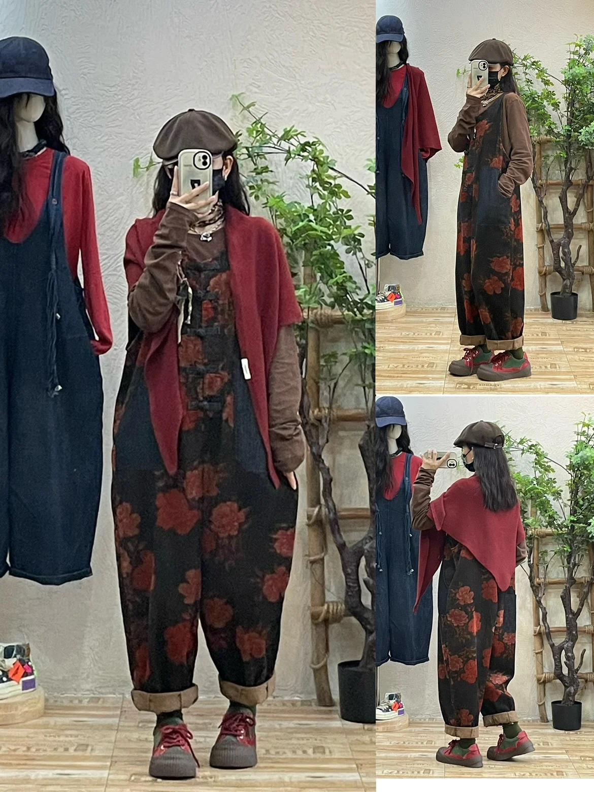 

Retro Print Chinese Sle Bib Overalls Women's Spring Autumn Loose Fit Corduroy Jumpsuit High Waist Straight Leg Cotton Blend