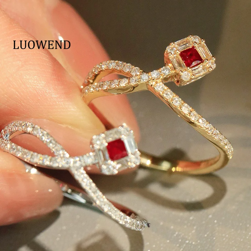 

LUOWEND 100% 18K White/Yellow Gold Rings Fashion Simple Style Luxury Diamond Natural Ruby Cocktail Ring for Women Fine Jewelry