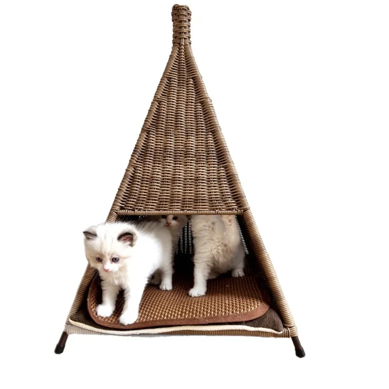 

Rattan cat nest summer cool and breathable pet nest imitation rattan material triangular tent