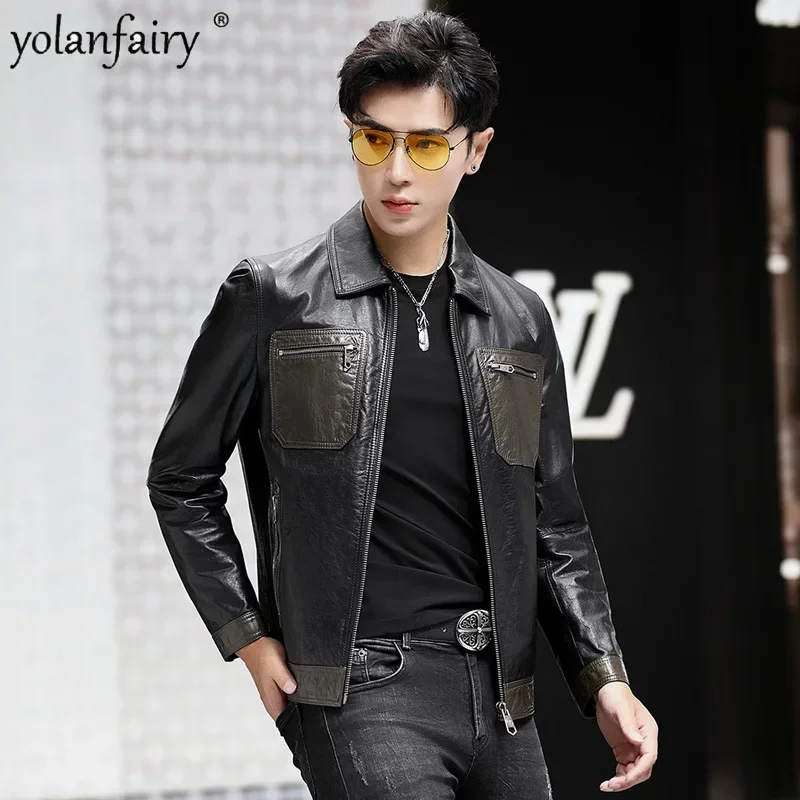 

Genuine Leather Jackets for Men Clothing 2023 New Cowhide Short Lapel Contrasting Color Motorcycle Suit Men's Leather Jacket FCY